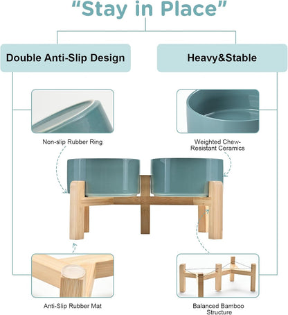 SPUNKYJUNKY Elevated Dog Bowls Ceramic, 6.1'' Dogs and Cat Food Water Bowls Raised with Non-Slip Bamboo Stand for Medium Sized Breed Microwave Dishwasher Safe - 28.7 OZ,Dark Green