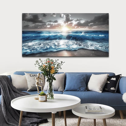 hyidecorart Large Wall Art For Living Room Modern Wall Decor For Office Blue Beach Painting Sea Waves Sunshine Wall Pictures Bedroom Home Decoration Prints Posters Mural Artwork Ready To Hang 60x30