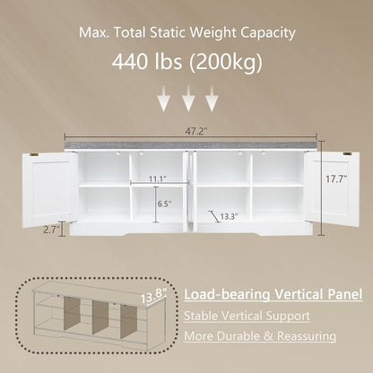 DINZI LVJ Shoe Bench, Entryway Storage Bench with Doors, Cushion, 2-Tier Shoe Rack with 8-Cubby, 47.2”L x 13.8”W Shoe Organizer Cabinet, Adjustable Shelf, Living Room, Bedroom, White