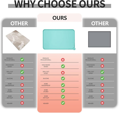 Waterproof Pet Feeding Mat with High Raised Edges, Heavier and Thicker Placemats for Cat Dog Water Bowl with BPA Free, Dogs Cats Food Mats for Messy Drinkers to Prevent Spill and Protect Floors