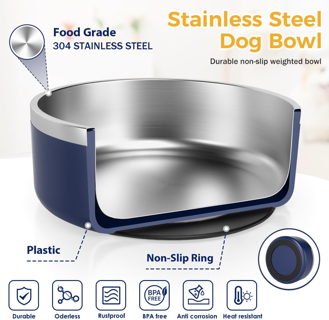 IKITCHEN Dog Bowl for Food and Water, 40 Oz Stainless Steel Pet Feeding Bowl, Durable Non-Skid Double Wall Insulated Heavy Duty with Rubber Bottom for Medium Large Sized Dogs (40 Ounces/5 Cup, Blue)