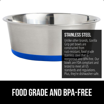 GORILLA GRIP Set of 2 Dog Bowls, Heavy Duty Metal Food and Water Bowl for Feeding Dogs and Cats, Dishwasher Safe, Rust Resistant Stainless Steel, BPA Free Rubber Base, Holds 2 Cups (16 fl oz), Blue