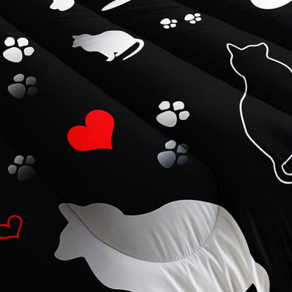 Kawaii Cat Animal Themed Comforter Set 3Pcs Full Black White Pet Cat Bedding Set for Kid Teen Girl Boy Adult Room Decor Cartoon Cat Paw Heart Pattern Quilt with 1 Comforter and 2 Pillowcases