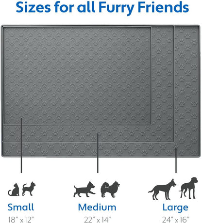 MIGHTY MONKEY 100% Waterproof Dog Food Mat, Raised Edges Silicone Pet Feeding Placemat for Cat, Dogs, Pet Bowls, High Lipped Tray Prevents Water Spills, Food on Floor, Dishwasher Safe, 22x14, Gray