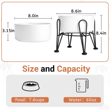 Elevated Dog Bowls, Ceramic Raised Dog Bowl Set with Anti-Slip and Non-Tip Metal Stand, 2 Pack Pet Food and Water Feeding Bowls for Small and Medium Dogs (White,7.6 Cups)