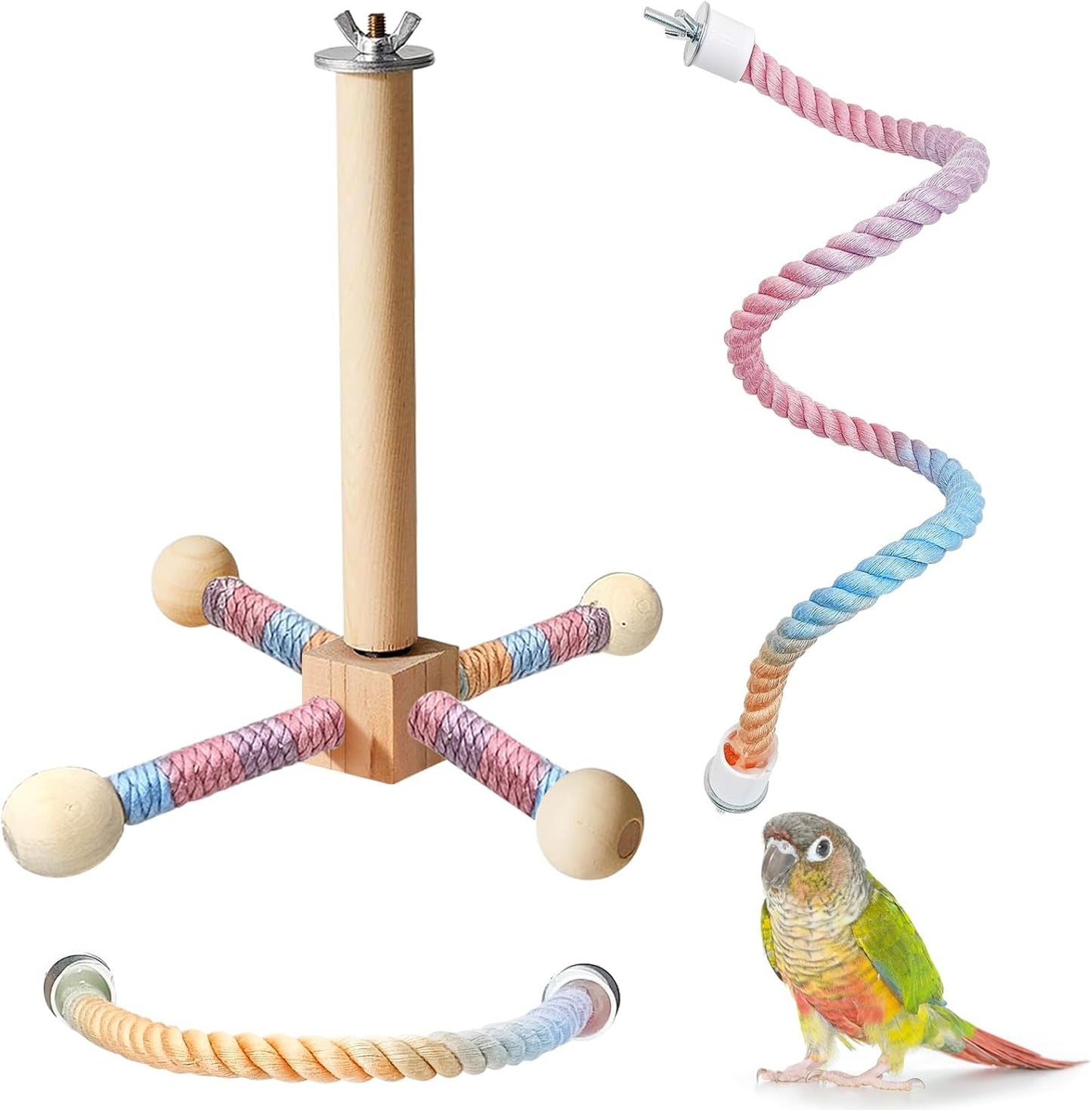 BNOSDM Bird Rope Perch with Stand Perch Toy Set Bendable Rope Perches Wooden Spinning Exercise Wheel Toy Parrot Cage Accessories for Parakeets, Conures, Lovebirds, Budgies, Cockatiels (Rainbow Color)