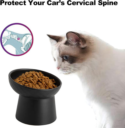 Ceramic Raised Cat Bowls, Elevated Tilted Cat Food and Water Bowls Set, Porcelain Stress Free Pet Feeder Dish for Cats and Small Dogs, Dishwasher and Microwave Safe, Set of 2(Black)