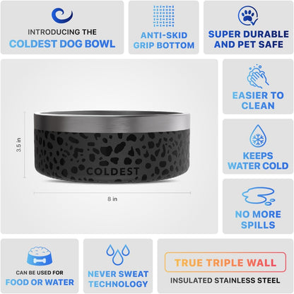 Coldest Dog Bowl - Anti Rust Metal, Non Slip, 3 Layers Insulated Stainless Steel Dog Bowls - Spill Proof & Heavy Duty - Water Bowl for Dogs, Cats & Pets, Dish Washer Safe (64 oz, Black Leopard)