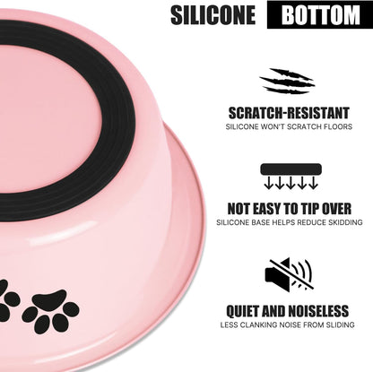 Stainless Steel Dog Bowls, Nonslip Rubber Bottom No Spill Proof Skid Metal Insulated Dog Bowls for Large Medium Small Breed Dogs (Pink, 8.5 Cups/71 OZ)