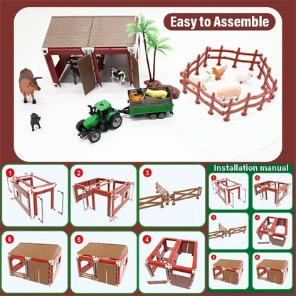 BOLZRA Mini Barn Playset, 66PCS Plastic Animals Figurines and Fence, Farm Figures Farmer Vehicle Toy Truck with Trailer for 3-12 Years Old Kids Boys Girls Toddlers