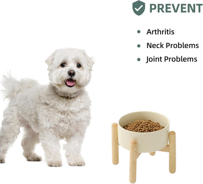 Ceramic 6.1inch Raised Dog Bowl with Stand for Small and Medium Dog Dish Pet Food and Water Bowl (Single Bowl with Stand - Beige)