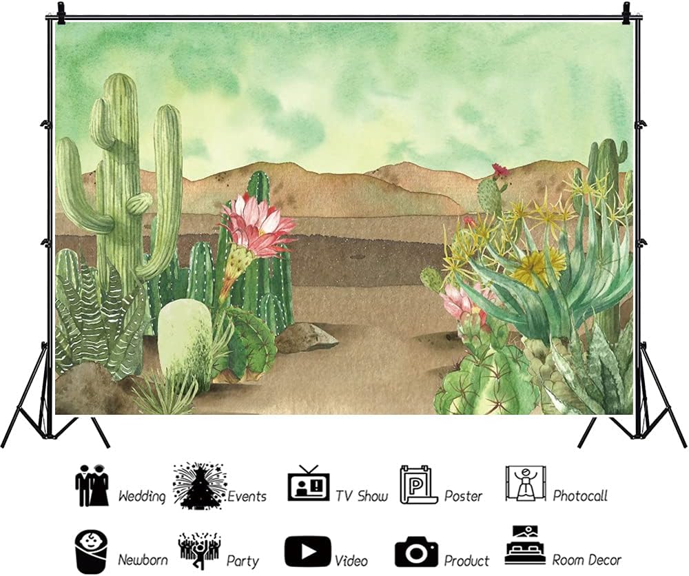 Renaiss 9x6ft Floral Cacti Backdrop Watercolor Aloes Cactus Flowers Desert Scenery Photography Background Botanical Mexican Fiesta Baby Shower Bridal Shower Birthday Party Decors Photo Studio Props