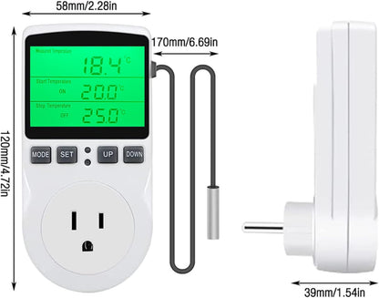 KABASI Digital Temperature Controller, Backlit LCD Screen Thermostat Heating Cooling Outlet Plug with Sensor Timer for Reptile Incubator Greenhouse Brewing Refrigerator 110V, 15A, ℉/℃
