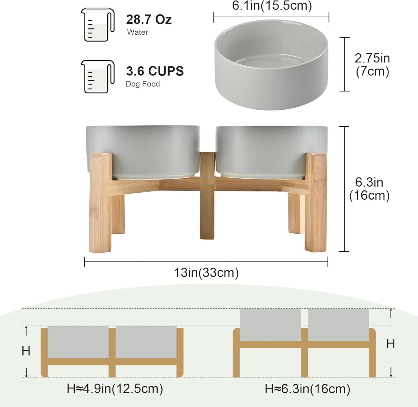 SPUNKYJUNKY Elevated Dog Bowls Ceramic, 6.1'' Dogs and Cat Food Water Bowls Raised with Non-Slip Bamboo Stand for Medium Sized Breed Microwave Dishwasher Safe - 28.7 OZ,Grey