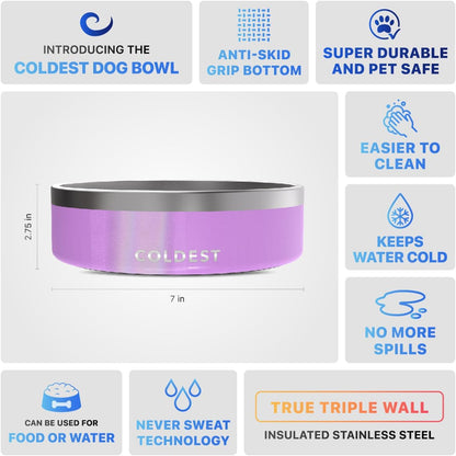Coldest Dog Bowl - Anti Rust Metal, Non Slip, 3 Layers Insulated Stainless Steel Dog Bowls - Spill Proof & Heavy Duty - Water Bowl for Dogs, Cats, Dish Washer Safe (42 oz, Saturns Purple Glitter)