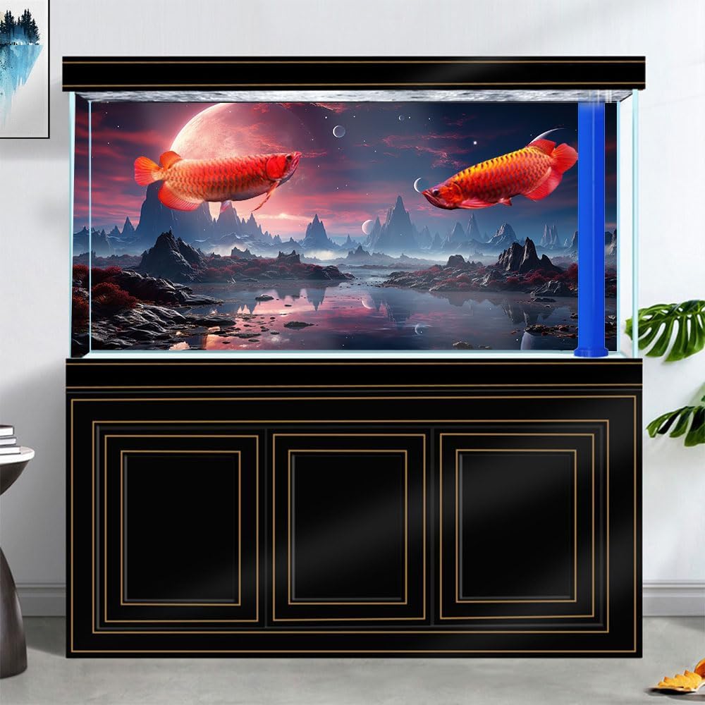 36X18IN Cosmic Spaceterrarium Background, Cool Parallel Space Themed Aquarium Reptile Habitat Background, Red Moon Aquarium Background with 10EVA Double-Sided Tape