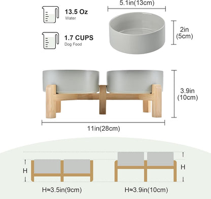 SPUNKYJUNKY Elevated Dog Bowls Ceramic, 5.1'' Dogs and Cat Food Water Bowls Raised with Non-Slip Bamboo Stand for Puppy Small Sized Breed Microwave Dishwasher Safe - 13.5 OZ,Grey