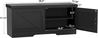 2-Tier Storage Bench, Shoe Bench with Padded Seat Cushion, Entryway Bench with 2 Barn Doors, Adjustable Shelf, 13.8" D x 39.4" W x 17.7" H, for Entryway, Living Room, Bedroom, Black