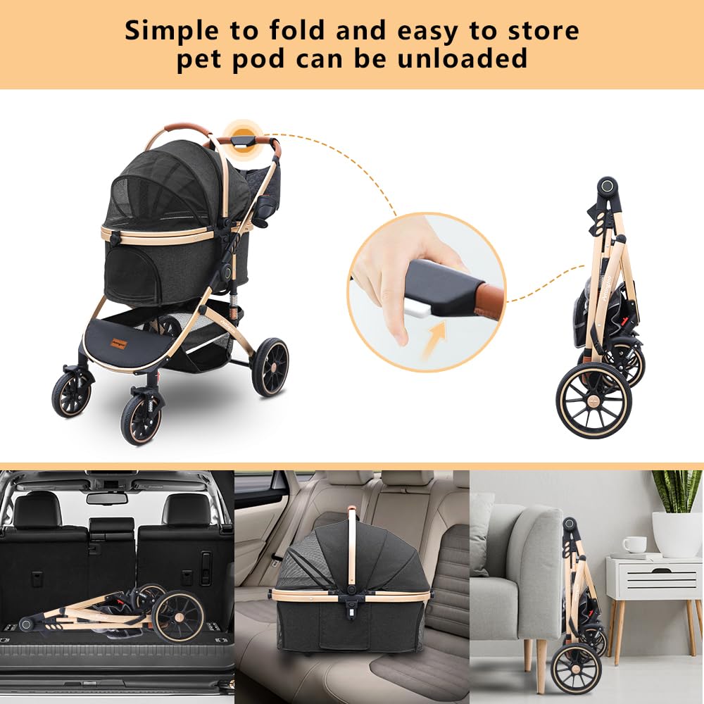 Pettingzoo Dog stroller with 4 Wheels, Folding Cat Stroller for Small/Medium/Large dogs & cats to 60 lbs, pet stroller with removable carrier, Storage Basket,Cup Holder,3 in1 Multifunctiona Detachable