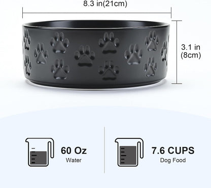 SPUNKYJUNKY Ceramic Dog Bowls 2 Pack, 8.3'' Dog Food Water Double Feeding Bowls Non-Slip for Medium to Large Sized Breed Microwave Dishwasher Safe - 60 OZ, 2pcs, Paw Black