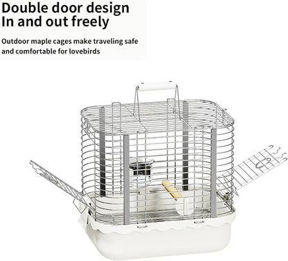Bird Carrier Travel Cage, Durable Portable Stainless Steel Birdcage with Bird Perch & Feeding Bowl for Parrots Canaries Budgies Lovebirds Conures Cockatiels (Small White)