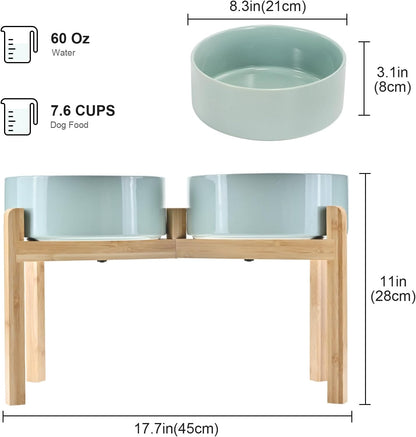 SPUNKYJUNKY Elevated Dog Bowls Ceramic, 8.3'' Dogs Food Water Bowls Raised with Non-Slip Bamboo Stand for Large Sized Breed Microwave Dishwasher Safe - 60 OZ,Light Green