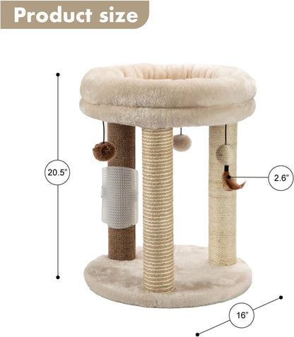 MECOOL 4in1 Small Cat Tree,Scratching Post with Tower Soft Bed, Sisal Carpet Jute Posts with Three Hanging Ball Toys and Massage Brush for Indoor Cats and Kittens