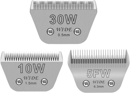 3PCS Wide Blades for Dog Grooming Blades Compatible with Andis,Oster A5,Wahl km10 Dog Clippers Stainless Steel Blades Blades for Animal Dog,Cat,Horse,Silver Size #10W+30W+5FW