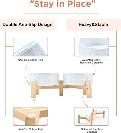 SPUNKYJUNKY Elevated Dog Bowls Ceramic, 5.1'' Dogs and Cat Food Water Bowls Raised with Non-Slip Bamboo Stand for Puppy Small Sized Breed Microwave Dishwasher Safe - 13.5 OZ,Paw White