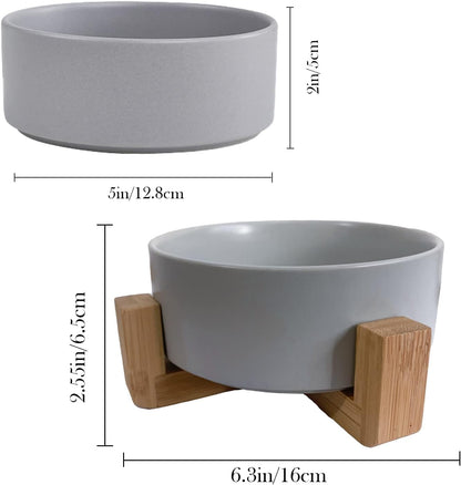 Ceramic Dog Cat Bowl with Wood Stand,Cat Food & Water Bowls Elevated Non-Spill Modern Cute Kitty Dishes Heavy Weighted Round Pet Dishes Set for Small Kitten Grown Cat(Grey)