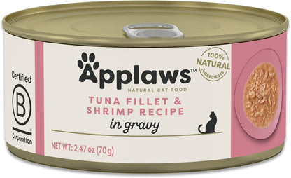 Applaws Natural Wet Cat Food in Gravy, Limited Ingredient Canned Wet Cat Food, No Additives, Made with Natural Ingredients, Tuna Fillet & Shrimp in Gravy (24 x 2.47oz Cans)