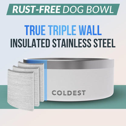 Coldest Dog Bowl - Anti Rust Metal, Non Slip, 3 Layers Insulated Stainless Steel Dog Bowls - Spill Proof & Heavy Duty - Water Bowl for Dogs, Cats & Pets, Dish Washer Safe (100 oz, Epic White)