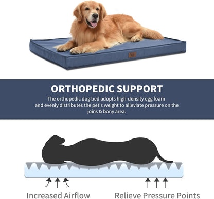 Large Outdoor All Weather Dog Bed, Waterproof Dog Bed for Large Dogs, Orthopedic Egg Foam Pet Bed with Washable and Removable Oxford Cooling Cover, Navy