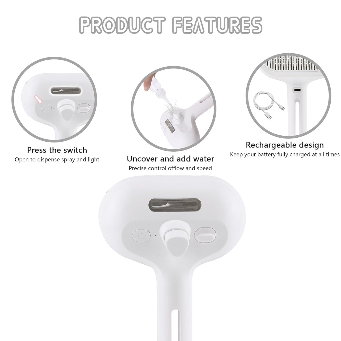 Spray Cat Pet Grooming Brush with Water Sprayer - Hair Removal Comb for Cats and Dogs, White Shedding and Bath Brush with Steam Release