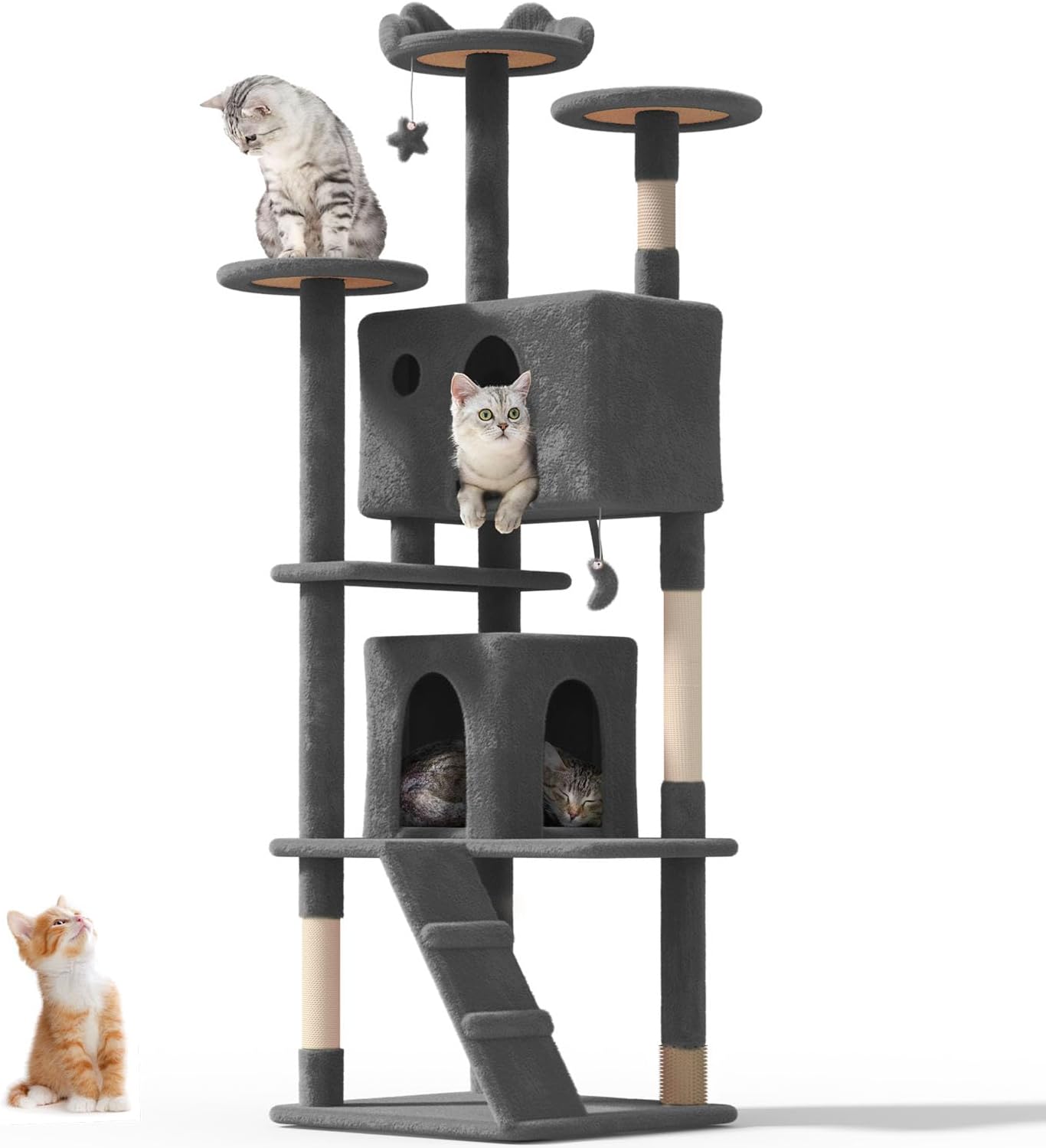 77'' Cat Tree Tower for Indoor Cats Large Adult, Cute/Tall Modern Cat Tree for Big Cats 20 lbs, Plush Multi-Level Cat Condo with Scratching Posts, Dangling Ball (Smoky Gray, 77 inch)
