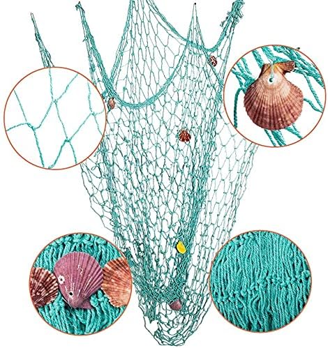 Nature Fish Net Wall Decoration with Shells, Ocean Themed Wall Hangings Fishing Net Party Decor for Pirate Party,Wedding,Photographing Decoration (2pack-Aqua/Aqua)