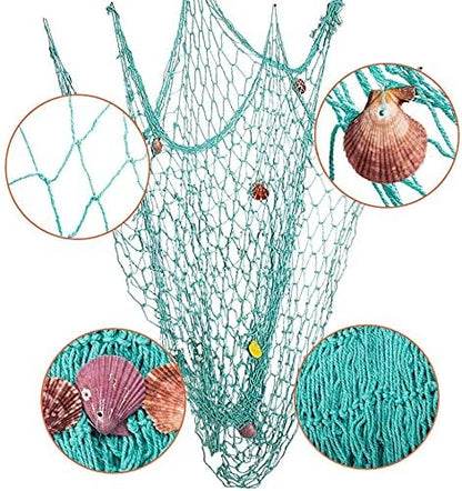 Nature Fish Net Wall Decoration with Shells, Ocean Themed Wall Hangings Fishing Net Party Decor for Pirate Party,Wedding,Photographing Decoration (2pack-Beige/Aqua)