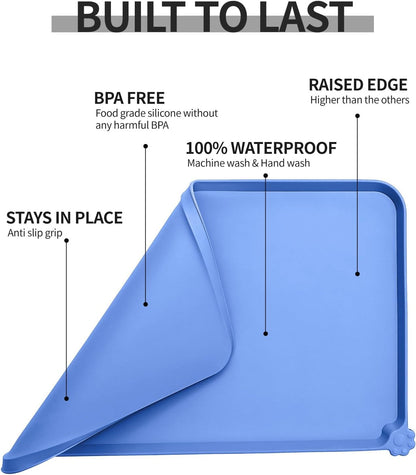 Waterproof Pet Feeding Mat with High Raised Edges, Heavier and Thicker Placemats for Cat Dog Water Bowl with BPA Free, Dogs Cats Food Mats for Messy Drinkers to Prevent Spill and Protect Floors