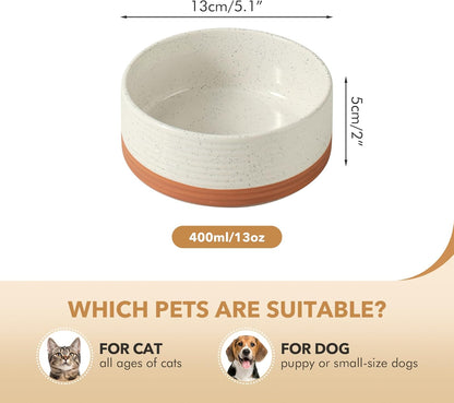 Ceramic 5.1inch Set of 2 Dog and Cat Bowls for Puppy, Kitty, Cats, 2pcs Anti-Slip Food and Water Pet Feeder(2 Bowls, Vanilla White)