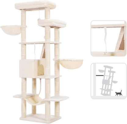 Heybly Cat Tree, 68 inch Multi-Level Cat Tower for Indoor Cats, 2 Widened Plush Perches Cat Condo with Scratching Board and Big Caves, Beige HCT025M