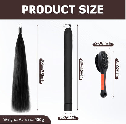Zeyune 3 Pcs Horse Tail Extensions Set with Braided Horsehair Loop Include Ponytail Comb and Storage Bag, Natural Black for Equestrian Competitions, Horse Shows, Daily Grooming(34-36inch,1 lb)