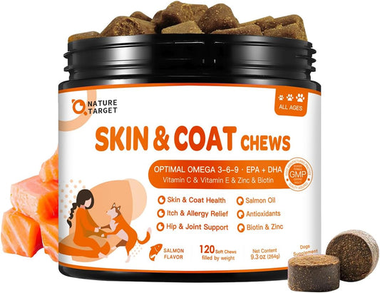NATURE TARGET Omega 3 Fish Oil for Dogs, Salmon Oil Skin and Coat Supplement for Dogs Itchy Skin