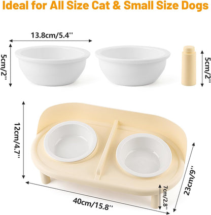 Elevated Cat Bowls, Tilted Rised Cat Food and Water Bowl with 2 Pcs Ceramic Pet Bowls, Rised Stand, Pet Dish Anti Vomiting Feeding Station for All Sized Cats & Small Dogs (Milk Coffee)