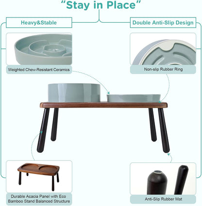 SPUNKYJUNKY Ceramic Elevated Dog Bowls with Slow Feeder Raised Acacia Bamboo Wooden Stand, 8.3'' Dog Food Water Bowls Set Non-Slip for Medium Large Sized Breed Microwave Dishwasher Safe - Light Green