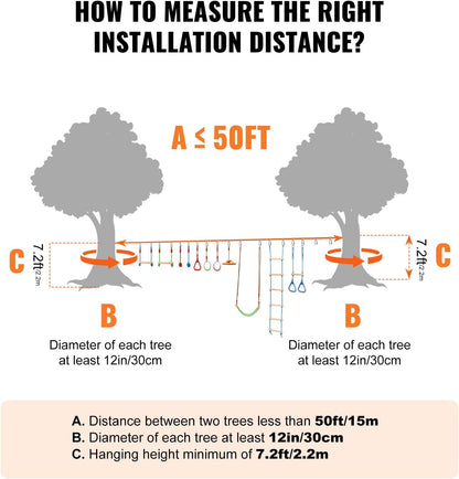 VEVOR Ninja Warrior Obstacle Course for Kids, 1 x 50 ft Weatherproof Slacklines, 500lbs Weight Capacity Monkey Line, Outdoor Playset Equipment, Backyard Toys Training Equipment Set with 10 Obstacles