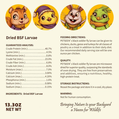 Dried Black Soldier Fly Larvae, 100% Natural, Non-GMO, High-Protein Treats for Chickens, Layer Hens, Wild Birds, Ducks, 13.3 oz, Pack of 4