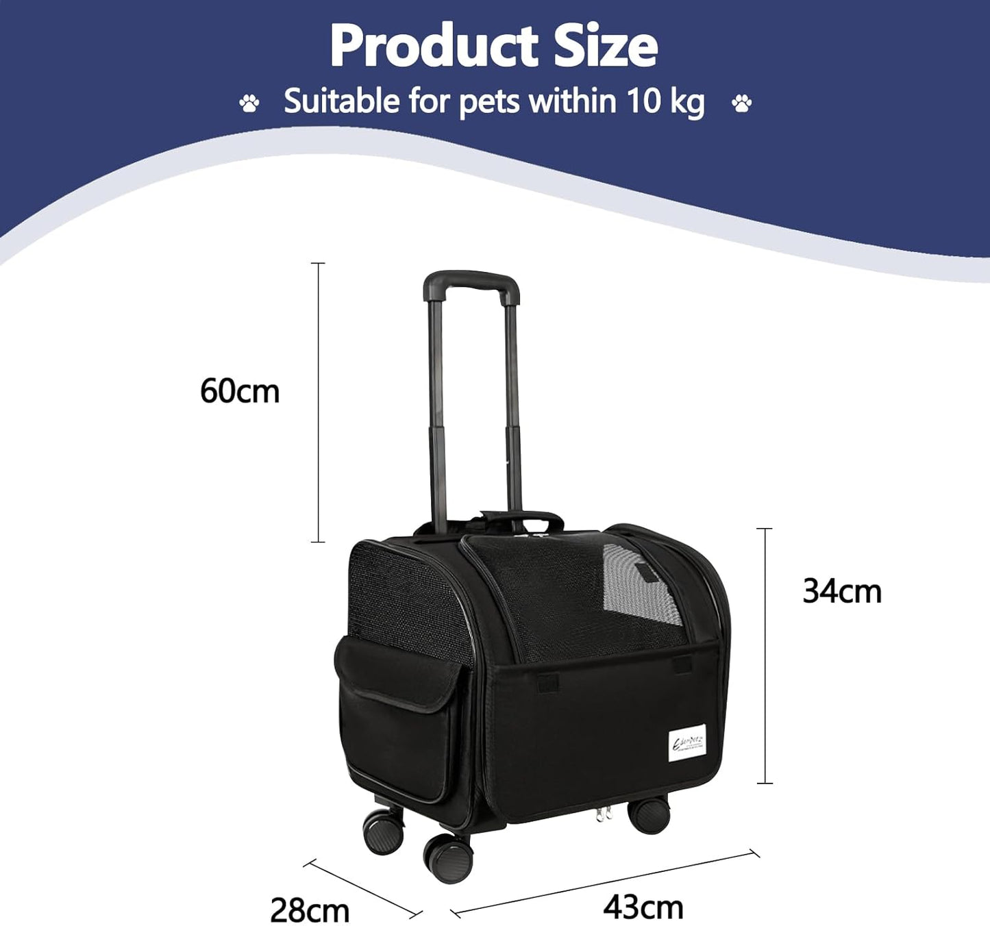 Dog Travel Bag with Removable Rolling Wheels, Airline Approved Pet Carrier, Foldable Cat Bag with Breathable Mesh, Pet Stroller(Black)