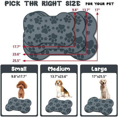 Dog Food Mats for Floors Waterproof, Pet Feeding Absorbent Water Bowl Mat Cat Placemats Gray Bone Shape 19 * 12 inch