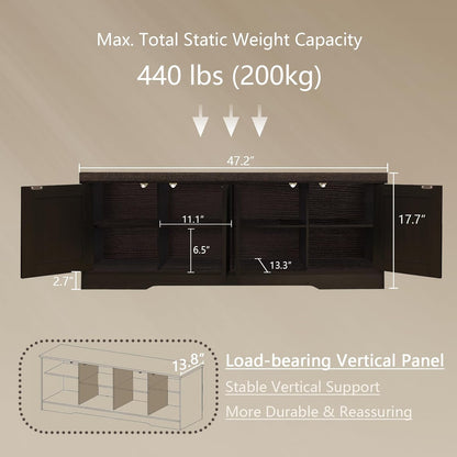 DINZI LVJ Shoe Bench, Entryway Storage Bench with Doors, Cushion, 2-Tier Shoe Rack with 8-Cubby, 47.2”L x 13.8”W Shoe Organizer Cabinet, Adjustable Shelf, Living Room, Bedroom, Espresso with Rattan