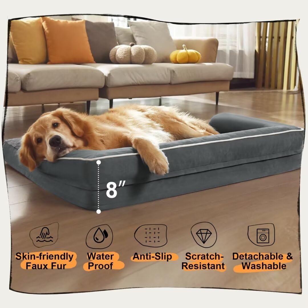 Large Dog Bed Orthopedic Washable: Dark Grey Dog Bed with Waterproof Cover and Removable Bolster, Egg Foam Couch Sofa for Medium XXXLarge Dogs